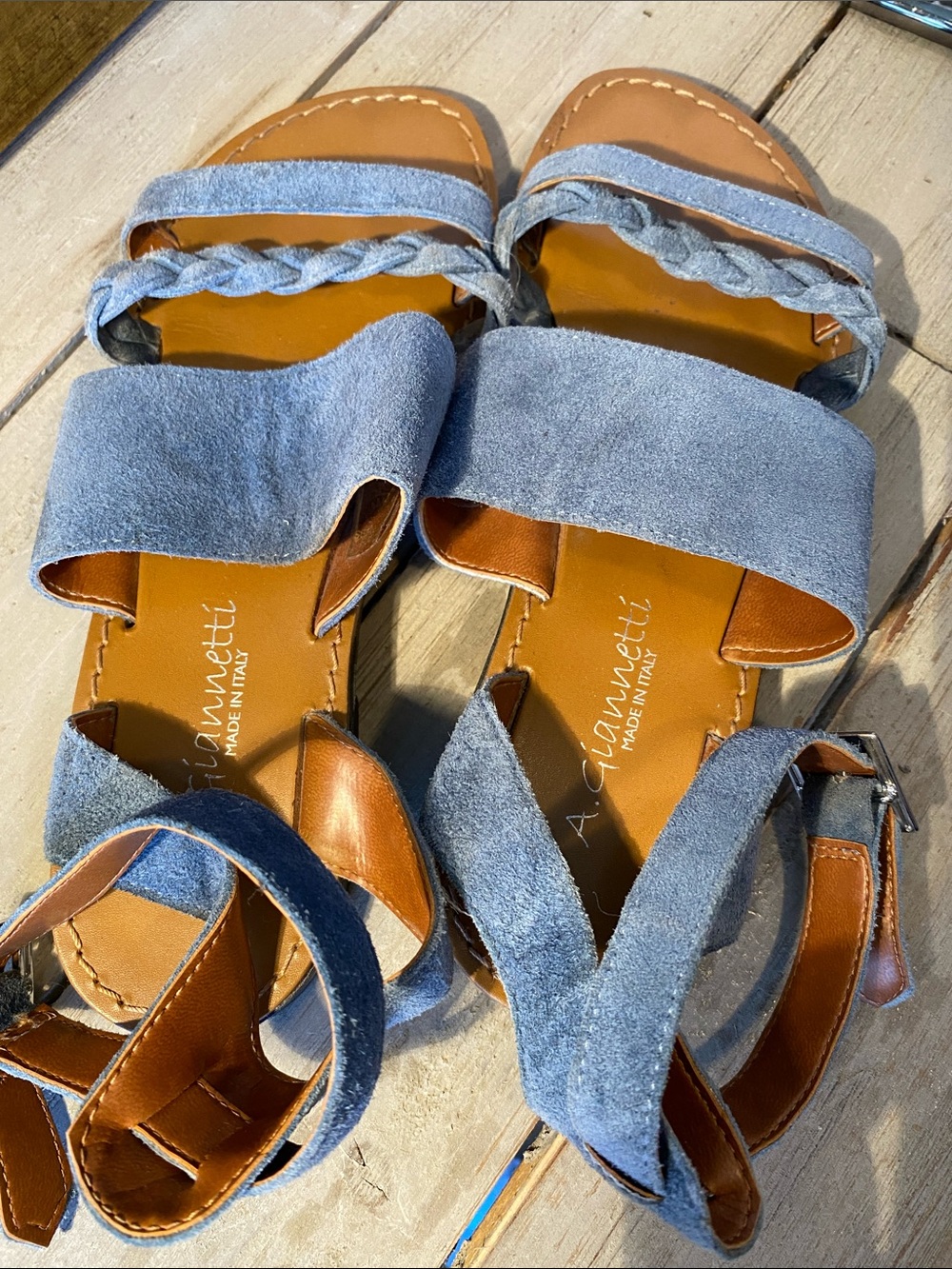 A. Giannetti Light Blue Suede Braided Strap Sandals